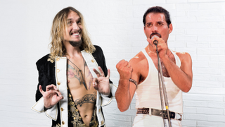 A badly photoshopped image of Justin Hawkins standing next to Freddie Mercury
