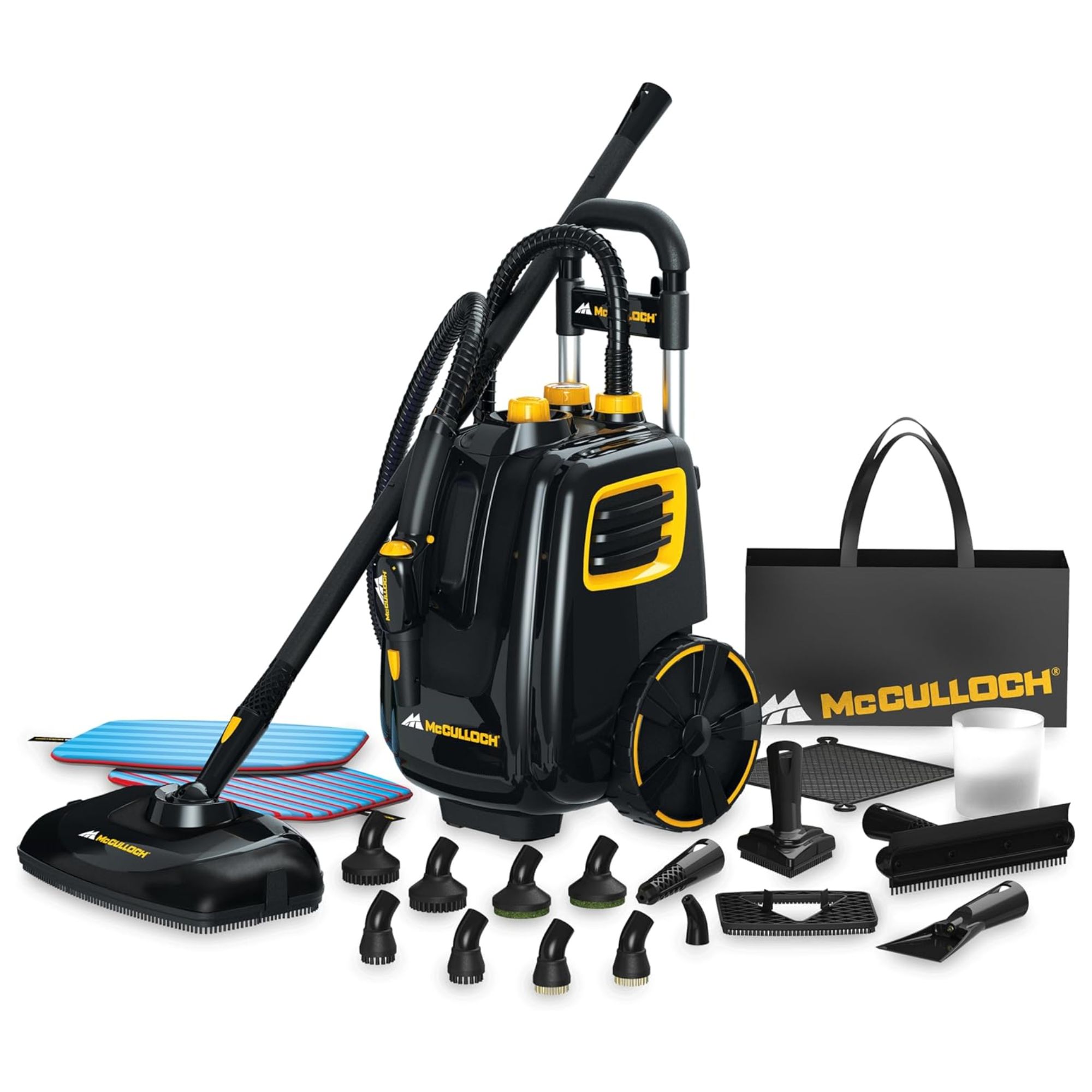 Black and yellow steam cleaner with attachments