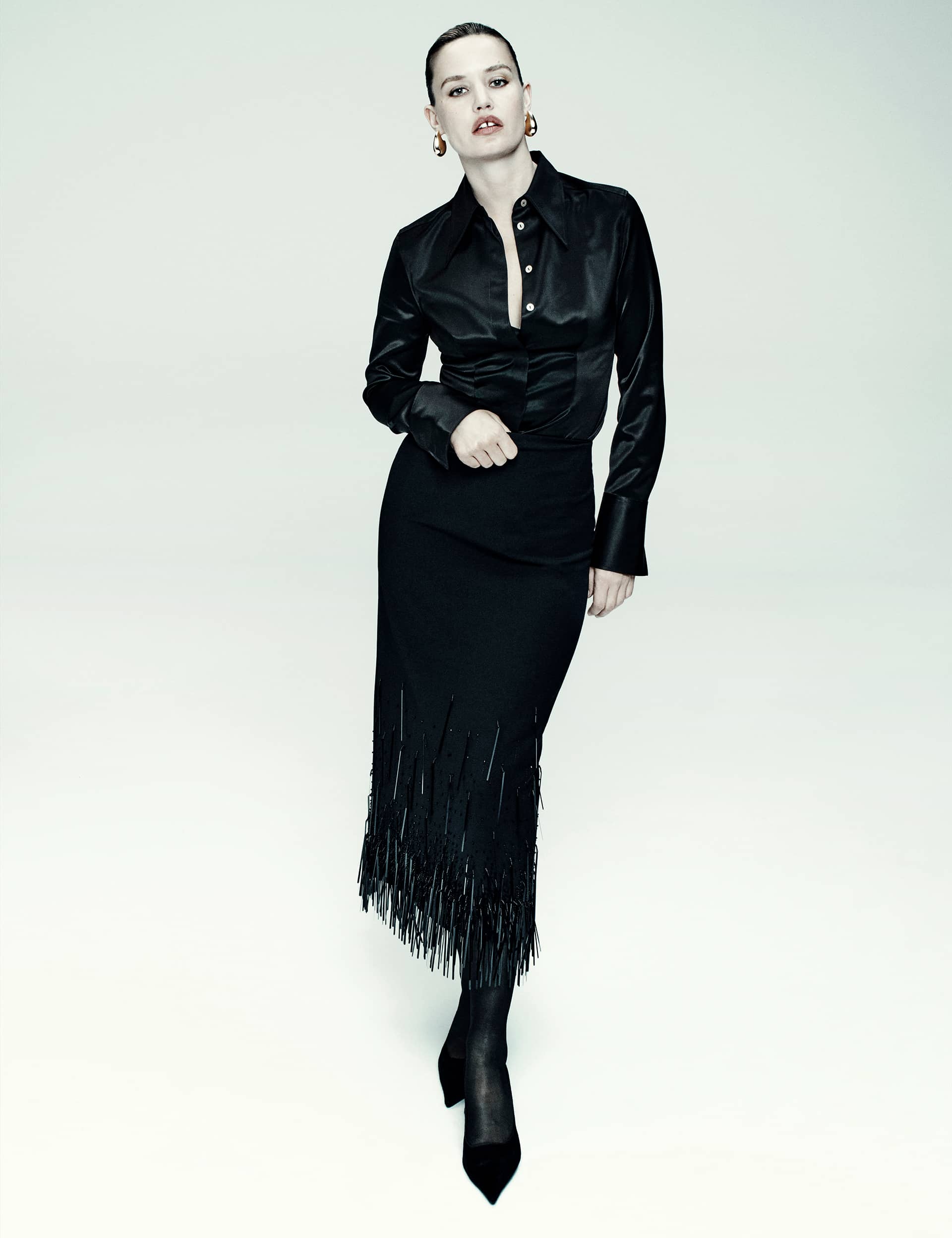 Wool Blend Embellished Tassel Midi Skirt