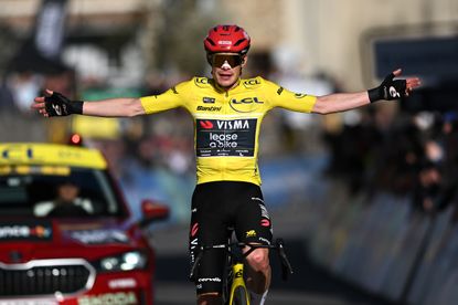 COLOMBIER-LE-VIEUX, FRANCE - MARCH 12: Jonas Vingegaard of Denmark and Team Visma | Lease a Bike - Yellow Leader Jersey celebrates at finish line as stage winner during the 84th Paris-Nice 2026, Stage 5 a 206.3km stage from Cormoranche-sur-Saone to Colombier-le-Vieux 422m / #UCIWT / on March 12, 2026 in Colombier-le-Vieux, France. (Photo by Szymon Gruchalski/Getty Images)
