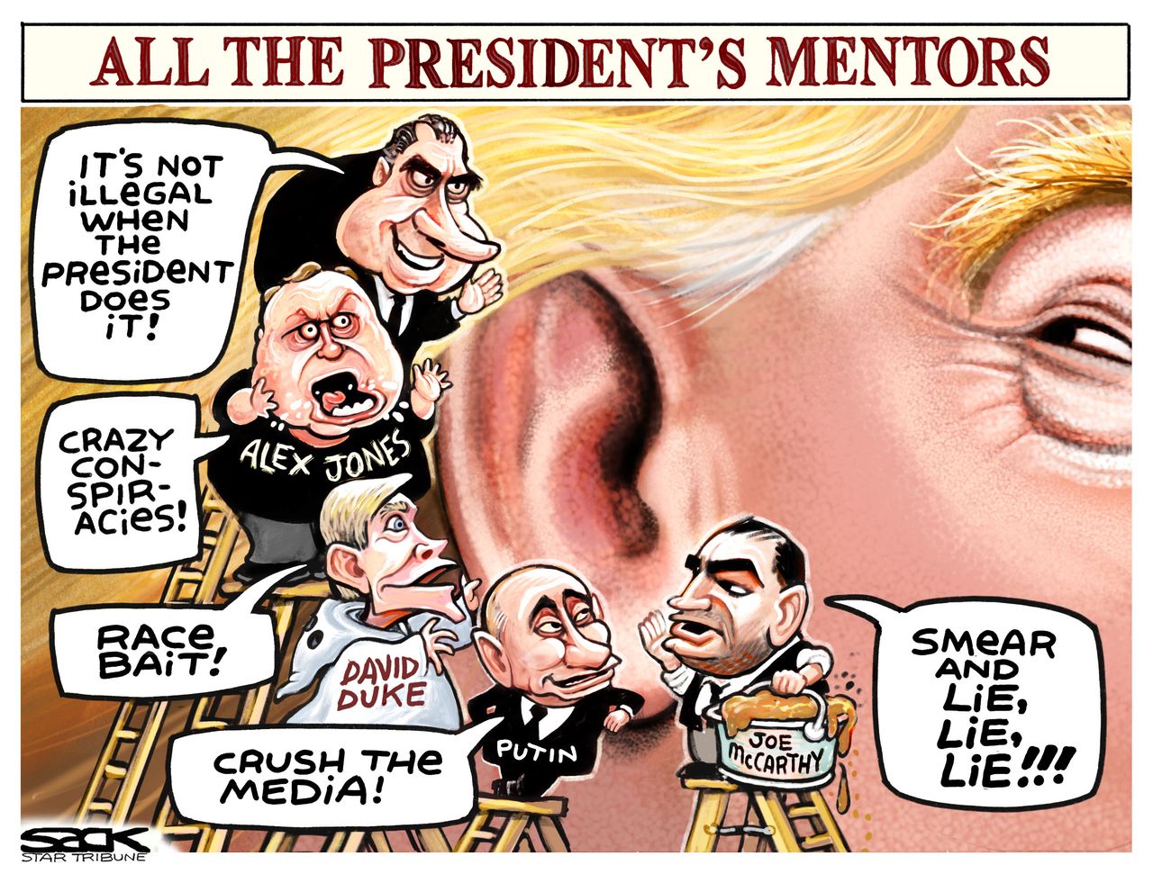 Political Cartoon U.S. Trump mentors Nixon Alex Jones David Duke Putin McCarthy