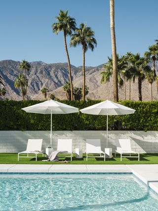 white backyard with pool, white parasols and palm trees by Joshua Smith