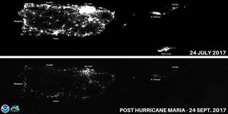 Satellite images from NOAA show Puerto Rico at night, both before (above) and after the arrival of Hurricane Maria.