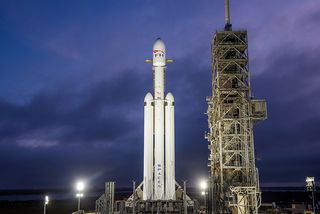 SpaceX's first Falcon Heavy rocket stands at Pad 39A at NASA's Kennedy Space Center in Florida ahead of a planned January 2018 test flight. Photo taken on Dec. 28, 2017.