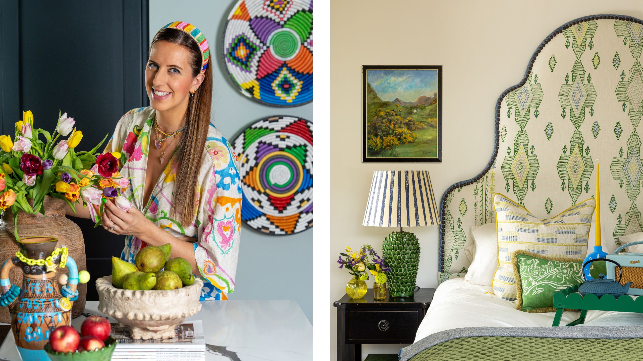 Designer Jo Bee arranges colorful tulips next to vibrant decor, alongside a styled bedroom featuring an patterned upholstered headboard and a green ceramic lamp.