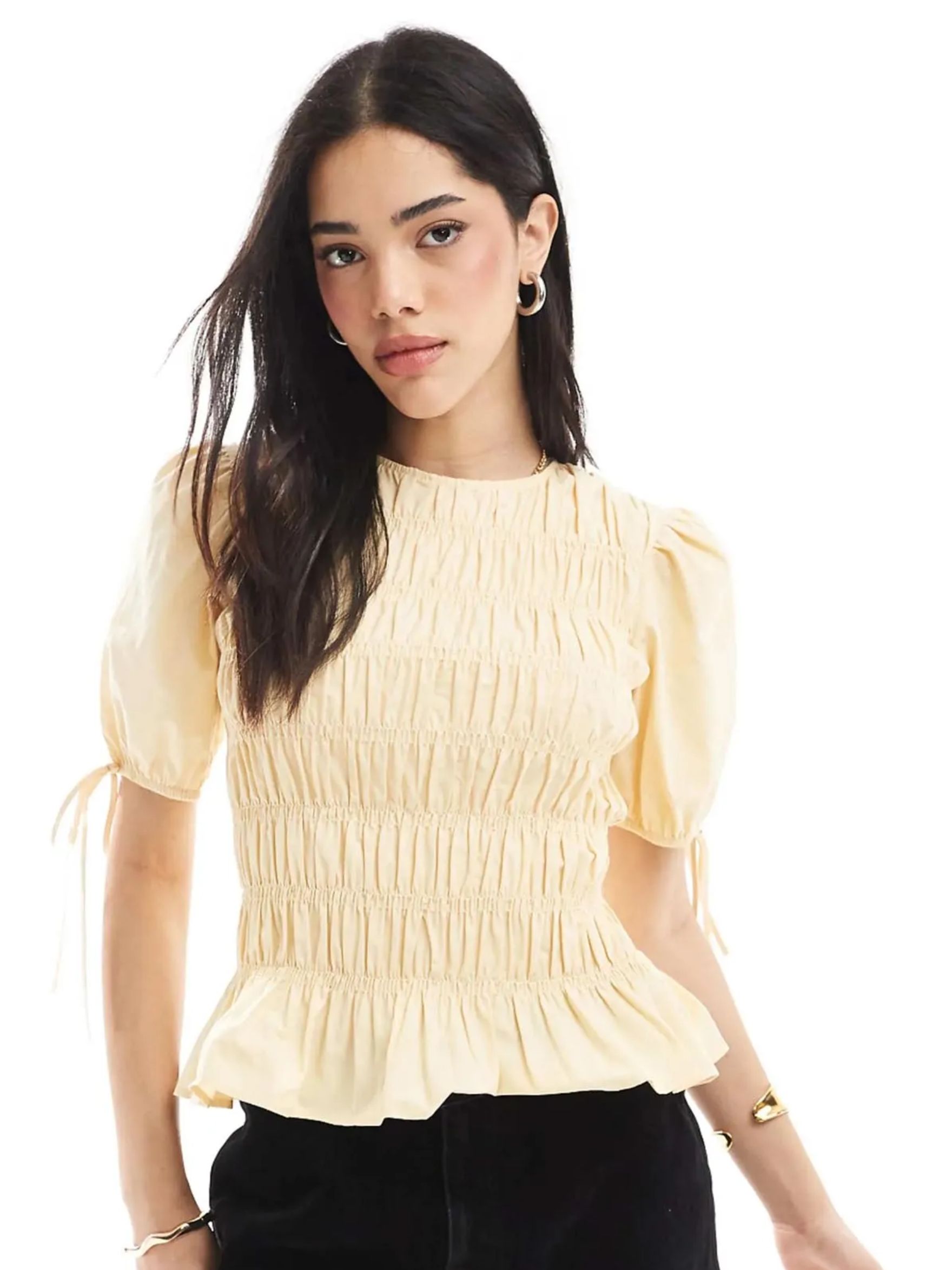 Asos Design Puff Sleeve Top With Shirring Detail in Yellow