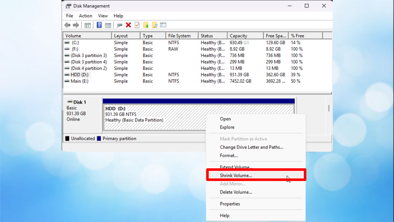 Shrinking Volume size in Disk Management
