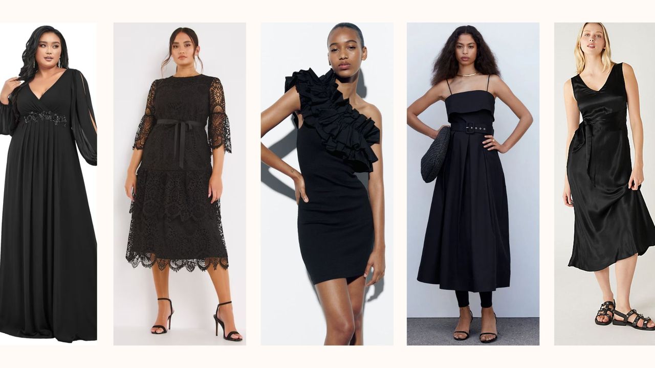 best black wedding guest dresses: Dia &amp; Co, Simply Be, Zara, mango, M&amp;S