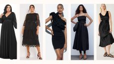 best black wedding guest dresses: Dia & Co, Simply Be, Zara, mango, M&S