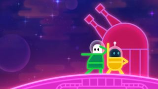 Lovers in a dangerous spacetime key art - two of the main characters, colored green and yellow, are standing on a pink surface