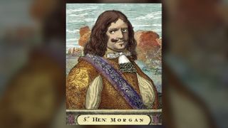 A colorized engraving of Sir Henry Morgan in the Caribbean.