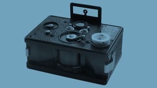 The front of the Krasnogorsk FT2 camera on a blue background