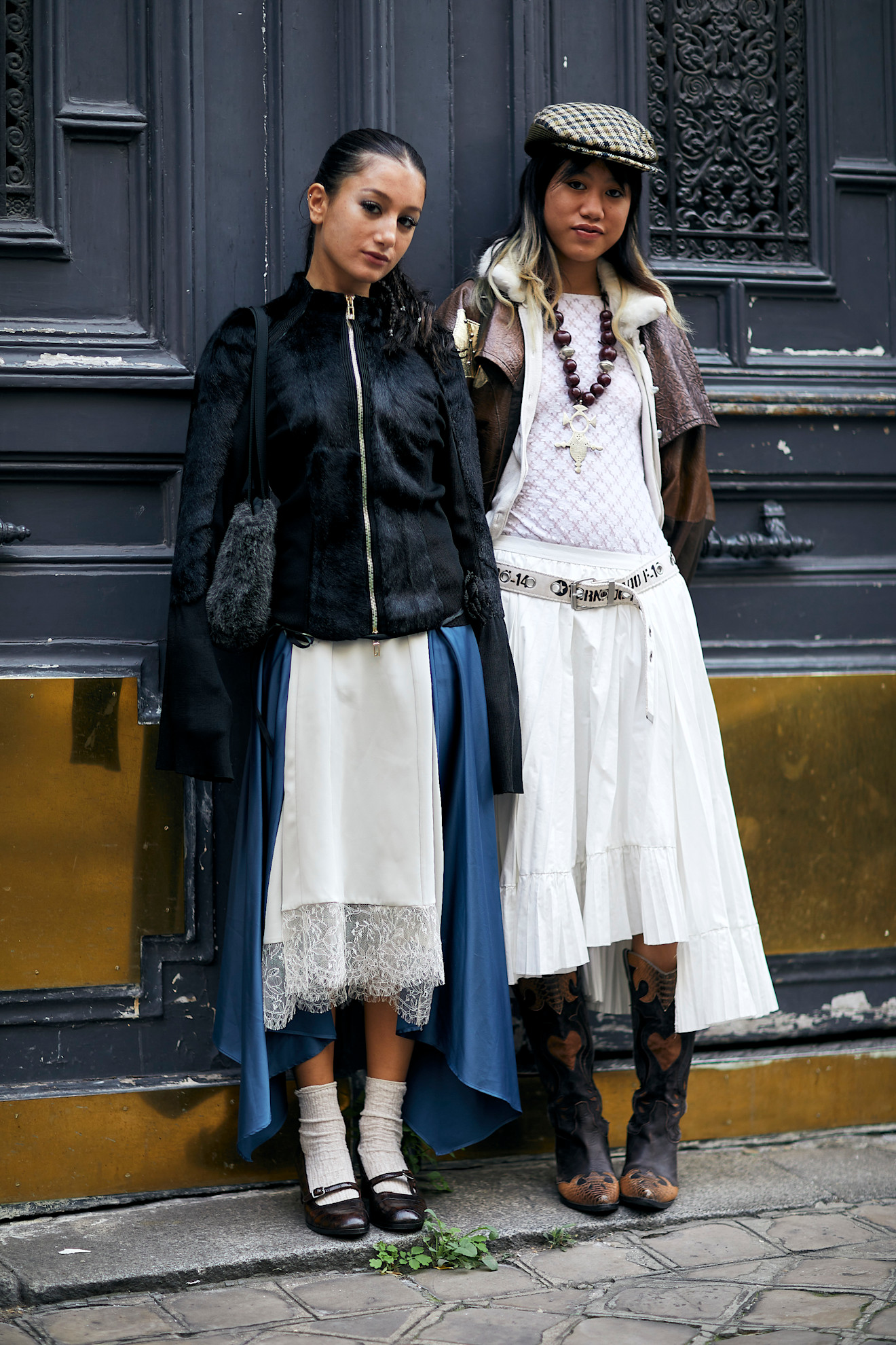woman wearing a white silk skirt with a lace trim.