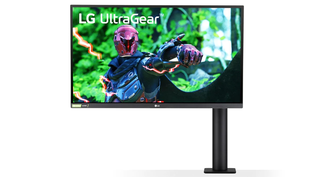 The LG UltraGear Ergo 27GN88A and its extremely versatile mount on a white background