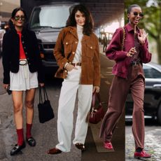 A graphic of five women wearing loafer outfits at Fashion Week