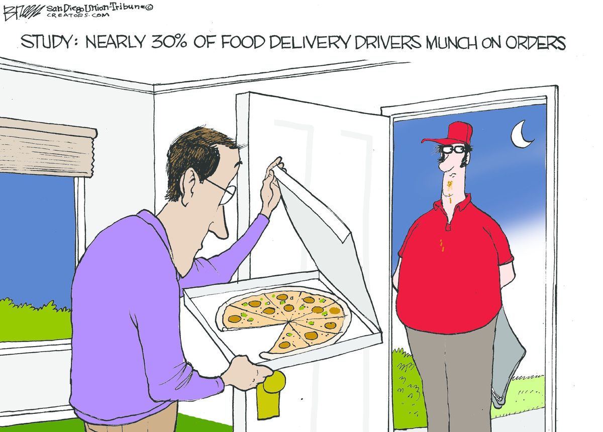 Editorial Cartoon U.s. Food Delivery Drivers Eat Orders Pizza Man 