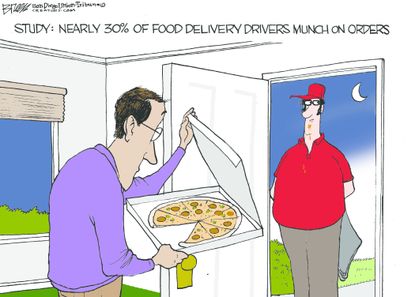 Editorial Cartoon U.S. Food Delivery Drivers Eat Orders Pizza Man