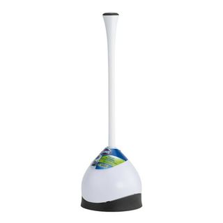 White Toilet plunger with white and gray caddy