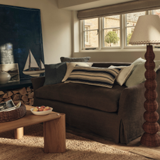 M&S wicker floor lamp in coastal living room.