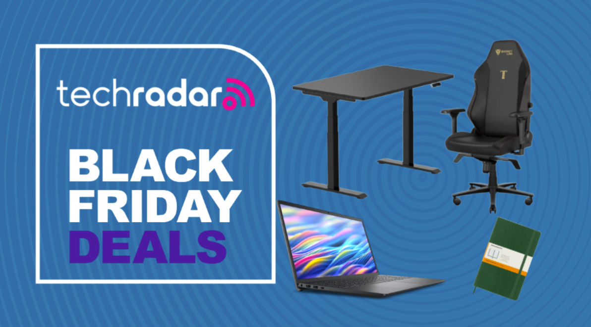 An office chair, desk, laptop, and notebook on a blue background next to a TechRadar badge reading &#039;Black Friday deals&#039;