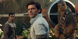 Star Wars: Rise of Skywalker Poe, Finn, and Chewbacca standing in front of an X-Wing