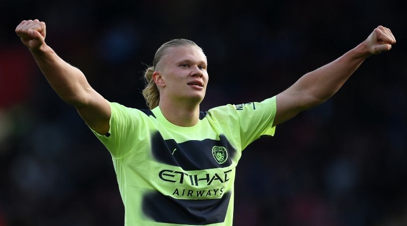 Erling Haaland celebrates after one of his goals for Manchester City against Southampton in the Premier League in April 2023.