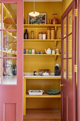 Yellow pantry with internal woodwork woodwork in Nicotine and external woodwork in Silver Polish, both by Plain English