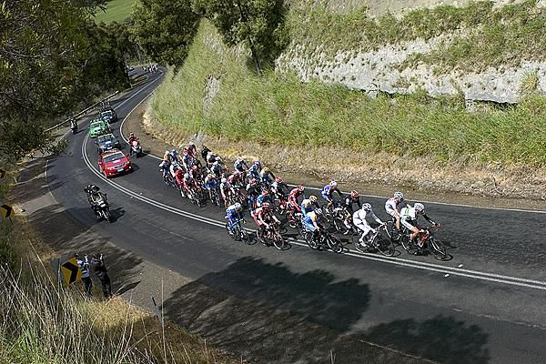The lead group pass through a cutting on their way to Warrnambool during stage two.