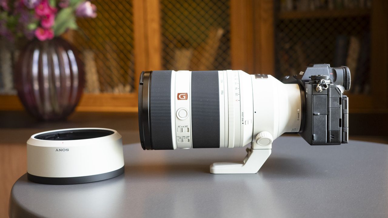 Sony FE 50-150mm F2 GM lens attached to a Sony A9 III, on a table