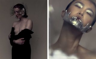 Side by side images of models wearing jewellery - Left, porcupine quill ear cuffs and right, jawbone; 