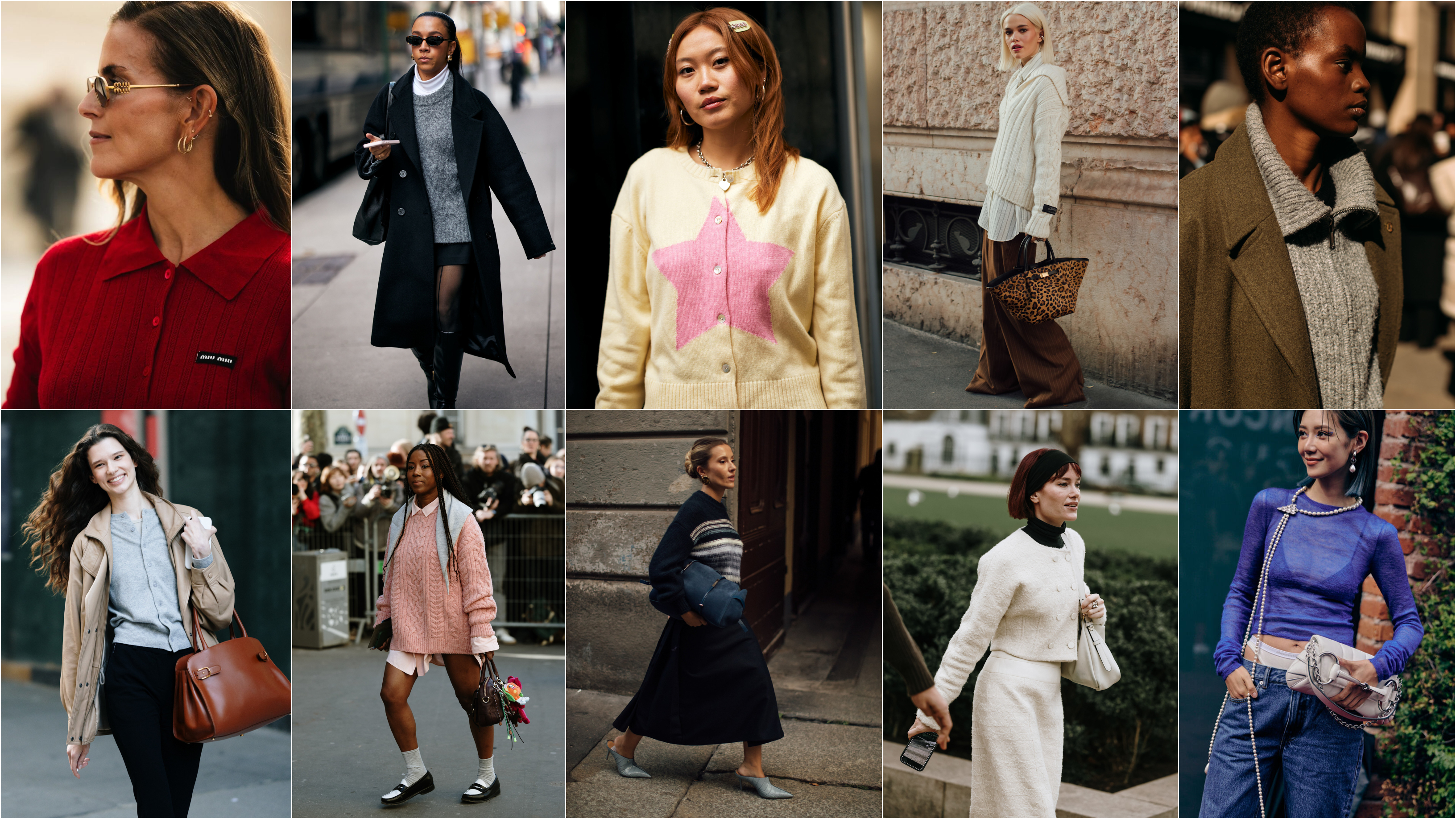 a collage graphic of women wearing fall sweaters—cable-knit, polo, striped, star-motif, and buttoned sweaters at fashion week