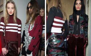 Models classic turtlenecks in deep read with white stripes and a black leather jacket with blue, red, and green stripes, from Emilio Pucci A/W 2015 collection.
