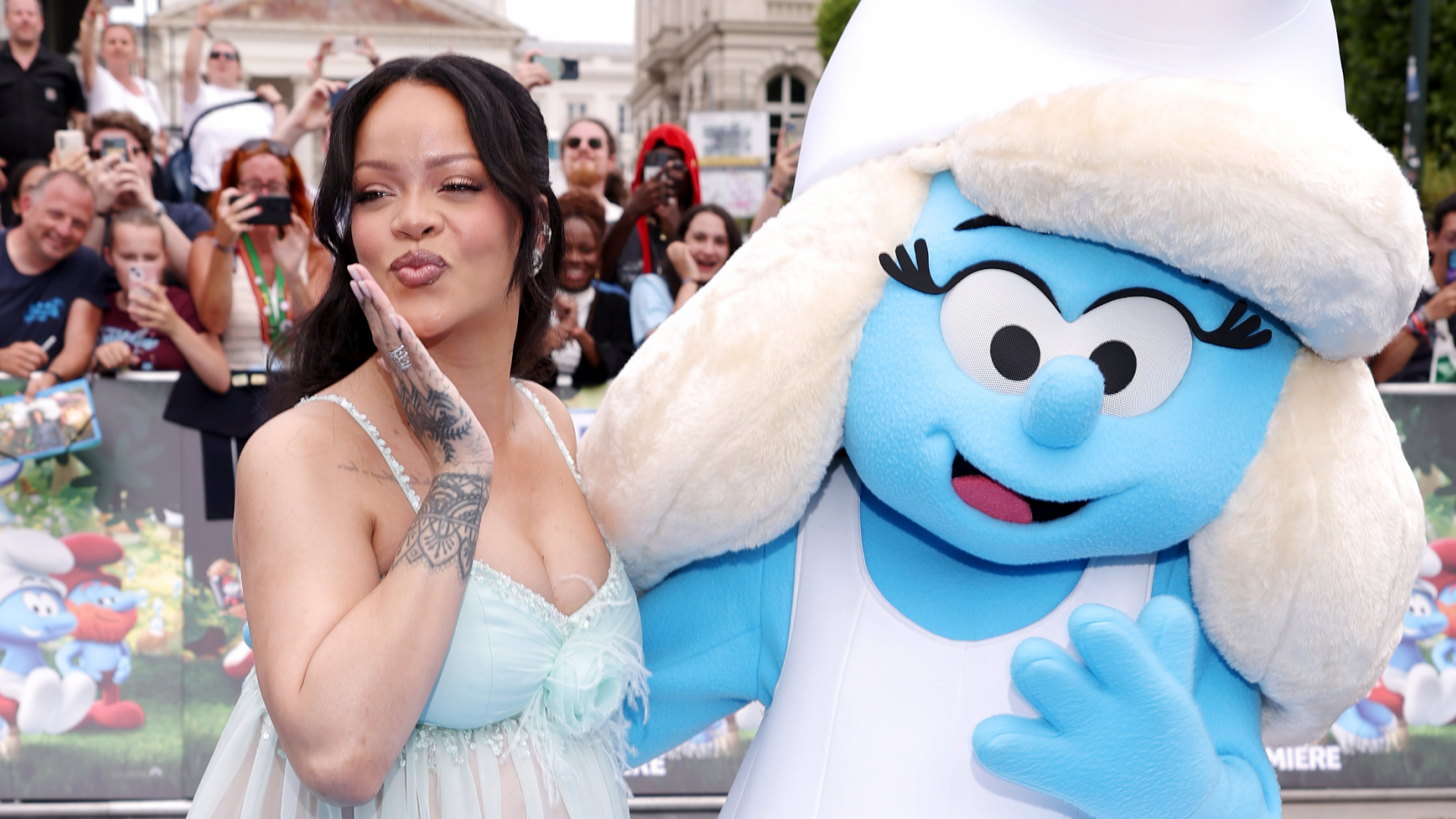 Rihanna in a sheer custom Chanel set for the Smurfs movie premiere in Belgium