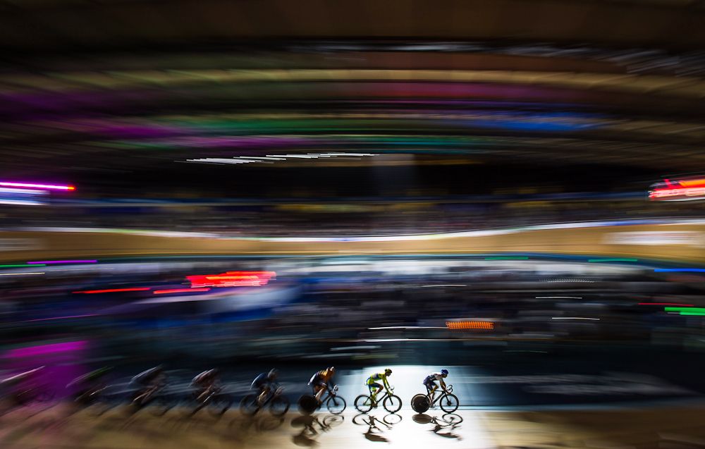 Riders in action during the the Elimination race round of the 1878 Cup during day one of the London Six Day Race at the Lee Valley Velopark