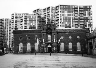 Mono image of the Woolwich Arsenal building, taken on the OM System OM-3 with the OM System 25mm f/1.8 II lens