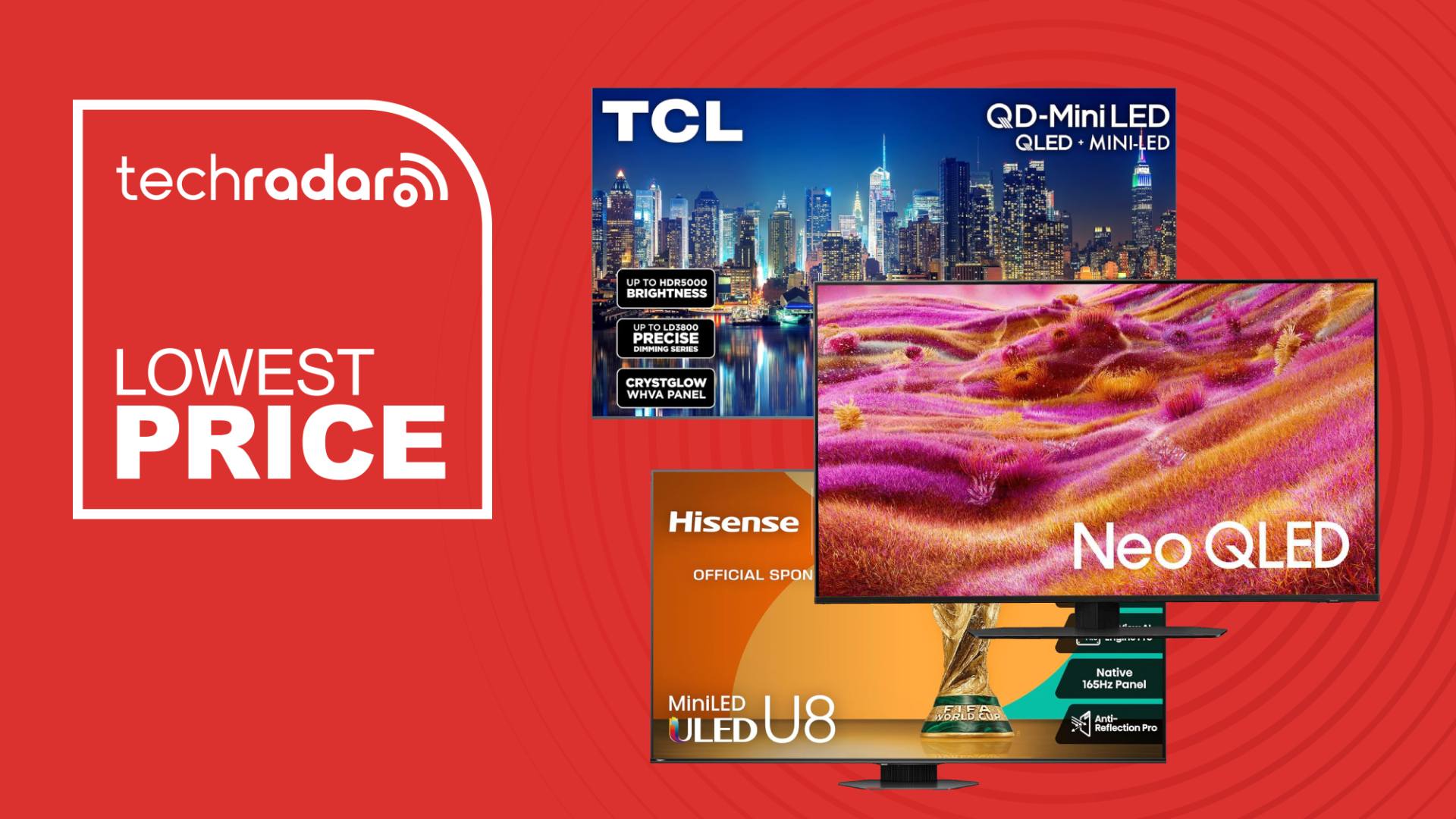 Samsung, TCL and Hisense TVs on red background