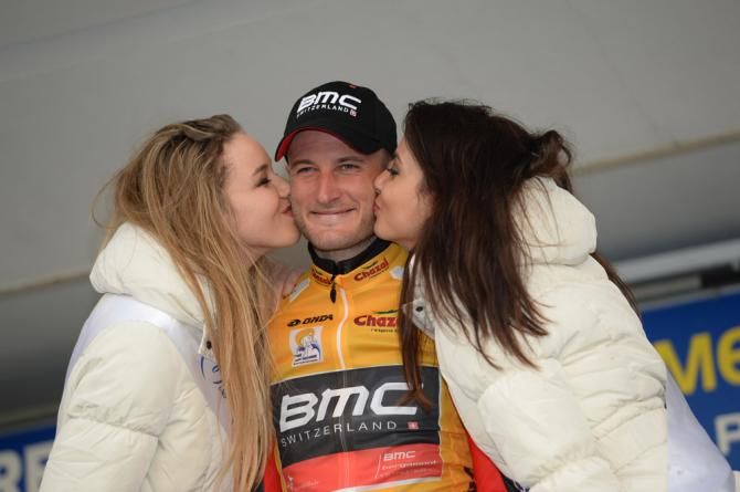 Stephen Cummings (BMC) in the Tour M&eacute;diterran&eacute;en leader's jersey following his victory in Saturday afternoon's time trial