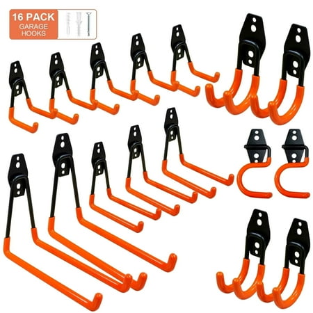 Stusgo 16 Pack Garage Hooks Heavy Duty, Stusgo Utility Steel Garage Storage Hooks, Wall Mount Tool Organizer for Hanging Garden Tools, Ladders and Bulky Items (orange)