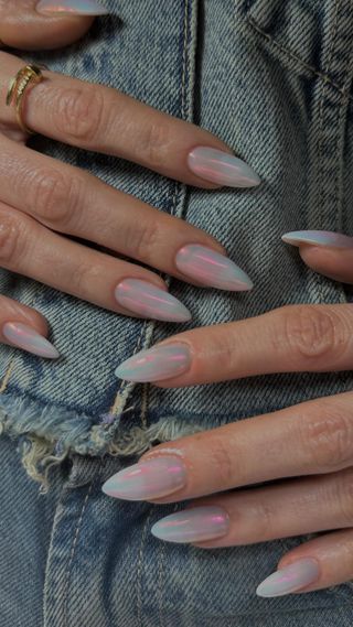 long almond nails with ombre pastel chrome
