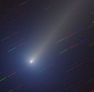 Comet Leonard shines bright in this image from the European Space Agency's Near-Earth Object Coordination Centre using the Calar Alto Schmidt telescope in Spain. It was created by stacking 90 5-second exposure images of the comet taken on Dec. 7, 2021 on top of each other.