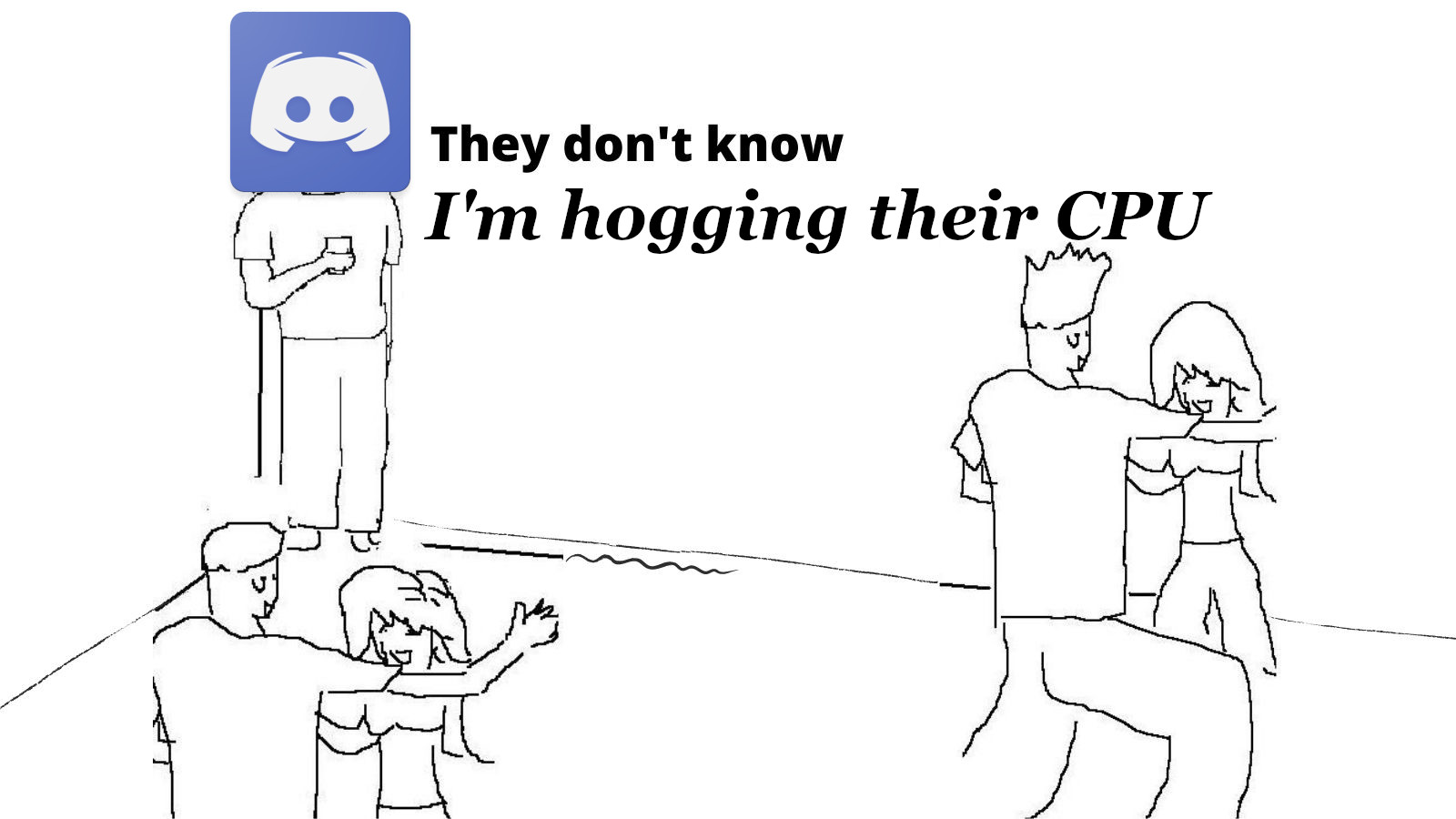 A Discord meme from a party surrounded by people, with the words "they don't know i'm hogging their ram"
