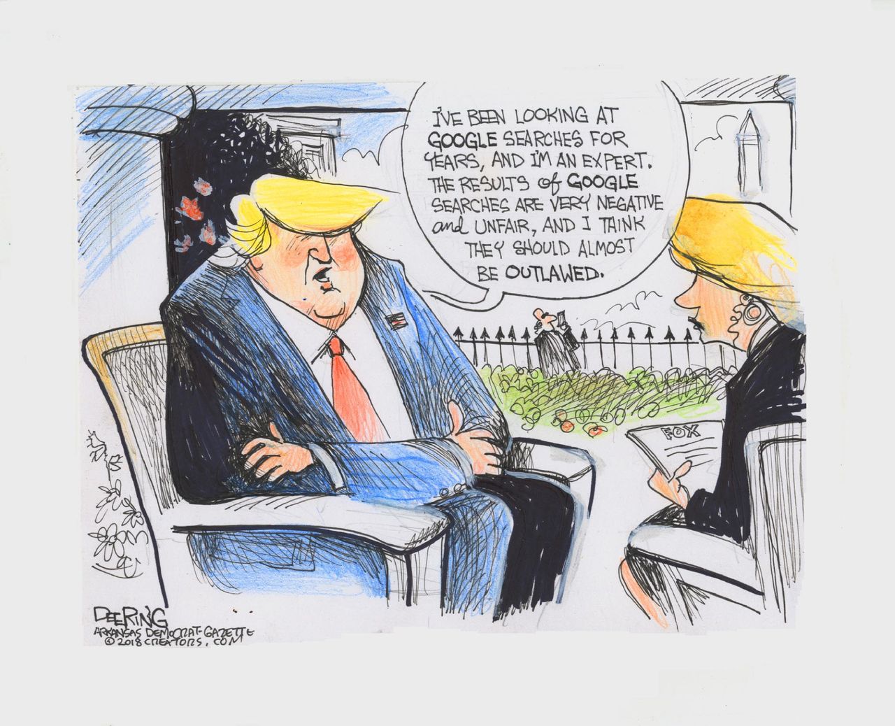 Political cartoon U.S. Trump Google outlawed unfair negative