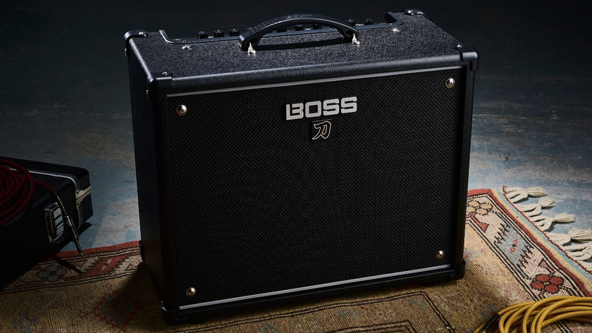 A Boss Katana 50 Gen 3 practice amp on a rug