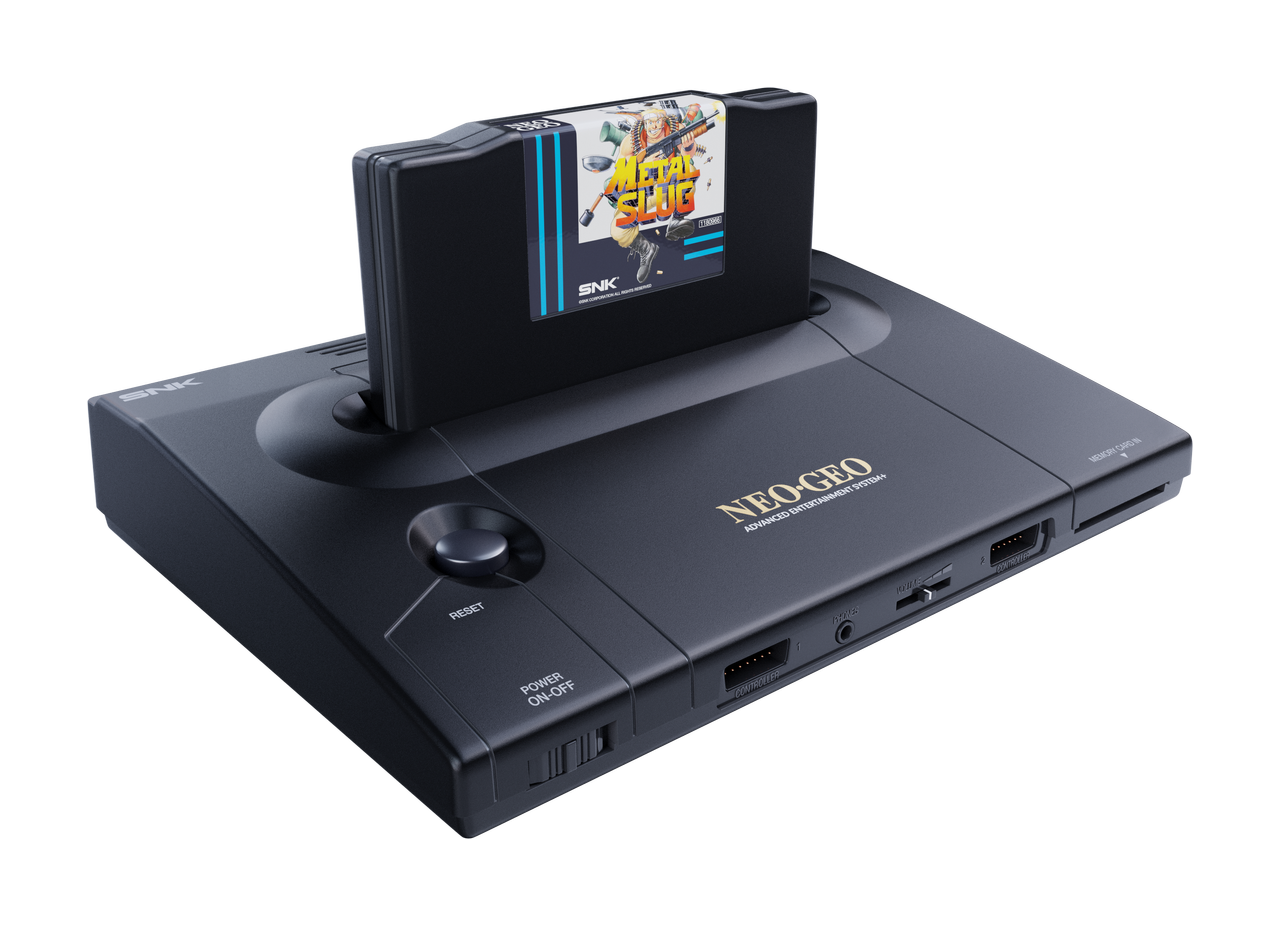 A retro game console from the 1990s by SNK NEOGEO in black and white