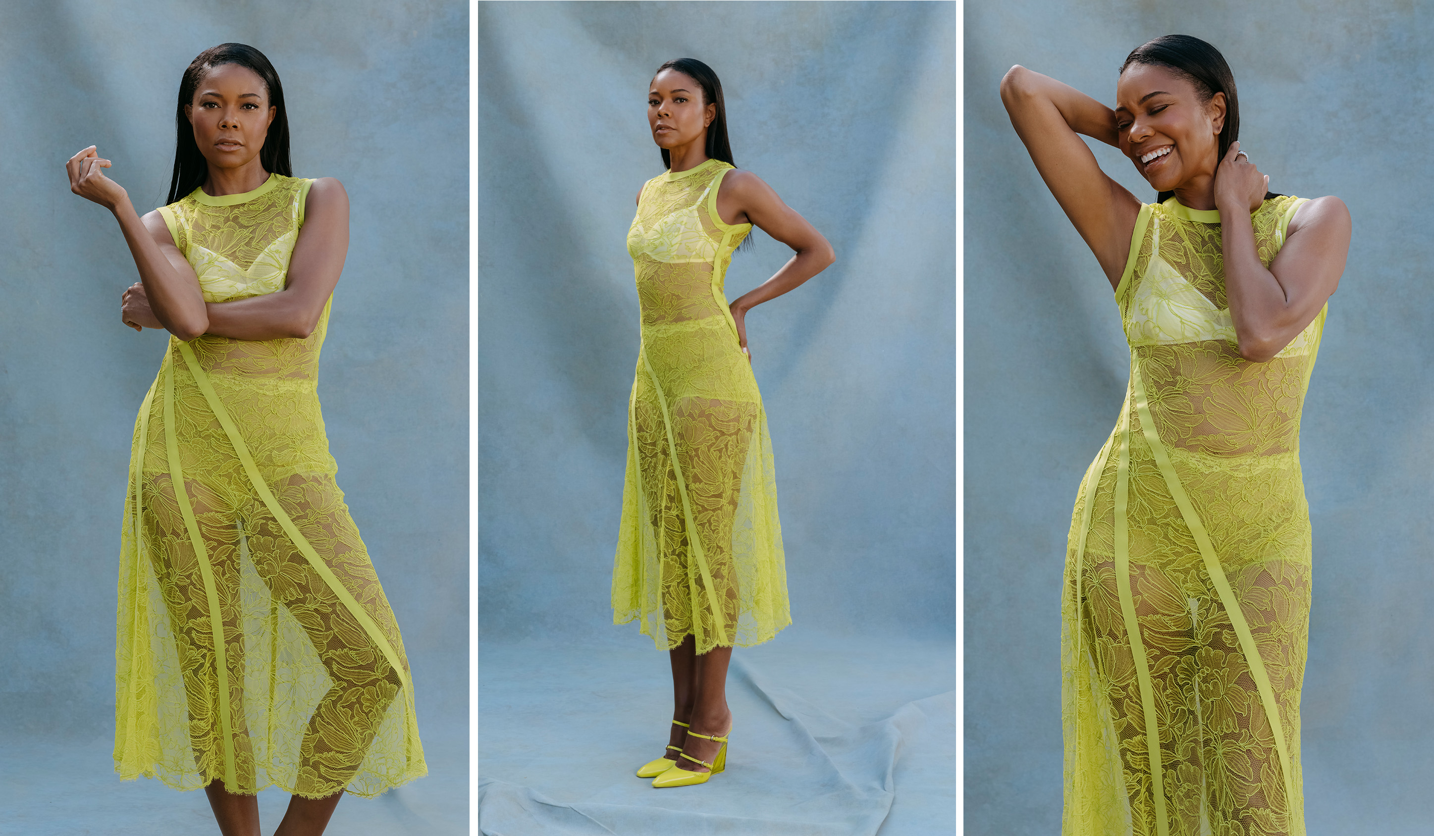 Gabrielle Union wearing a see-through yellow dress and yellow heels