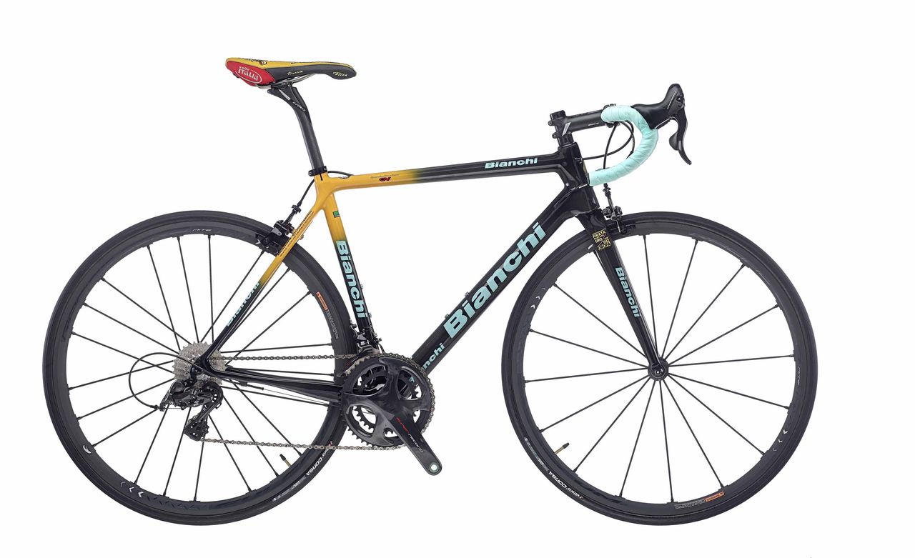 The Bianchi Specialissima livery marks the 20th anniversary of the late Marco Pantani's win at Oropa.