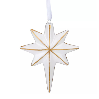 A star shaped white and gold Christmas ornament
