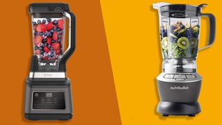 The Ninja Blender 2 in 1 on an orange background pitted against the Nutribullet Blender on a yellow background