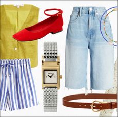 Collage of fashion pieces from Nordstrom shorts, vest, flats, watch, belt, necklace, sweater 