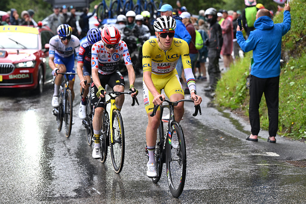 LA PLAGNE, FRANCE - JULY 25: Tadej Pogacar of Slovenia and UAE Team Emirates - XRG - Yellow Leader Jersey leads the breakaway while fans cheer during the 112th Tour de France 2025, Stage 19 a 93.1km stage from Albertville to La Plagne 2062m / #UCIWT / Stage route modified over infected cattle / on July 25, 2025 in La Plagne, France. (Photo by Dario Belingheri/Getty Images)